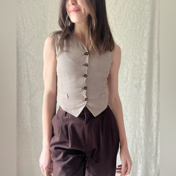 Vintage Tops - Vintage Reversible Vest Brown Houndstooth & Solid Camel Button Up Preppy